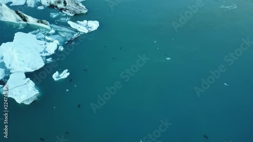 Southern Icelandic drone shot of glaciers at sunset
