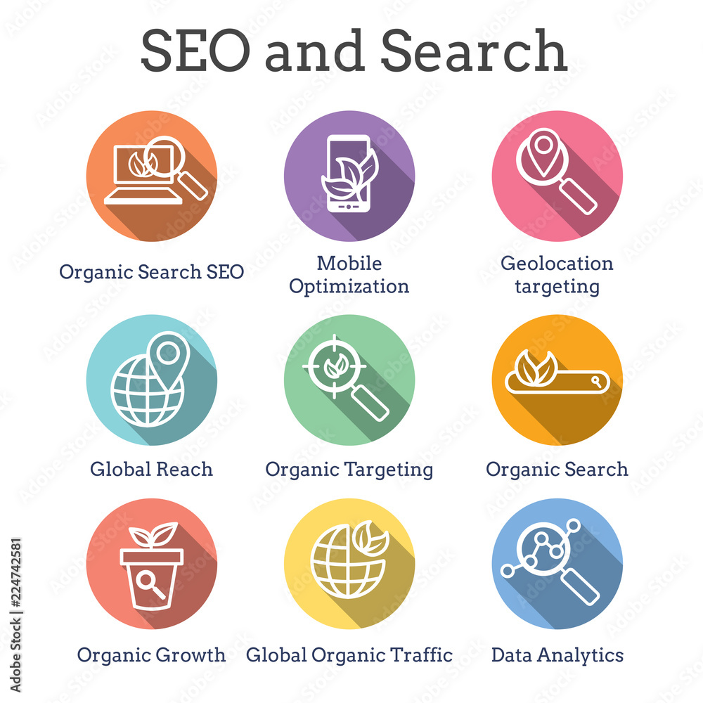 Search and SEO Web Header Hero Image Banner with organic growth, search, and locality ideas icon set