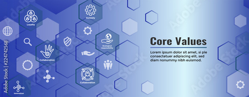 Core Values Web Header Banner image with Integrity, Mission, etc Icon Set