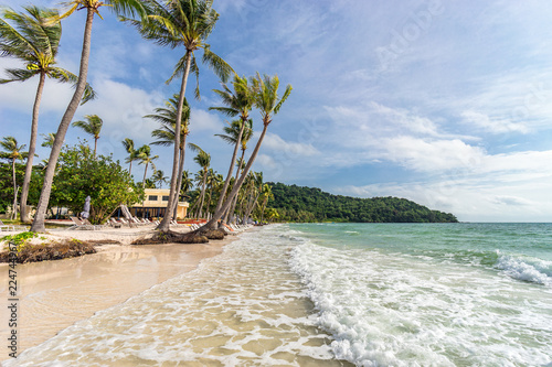 Fototapeta Naklejka Na Ścianę i Meble -  Beautiful tropical sandy Bai Sao beach with palm trees on Phu Quoc island in Vietnam. Seascape