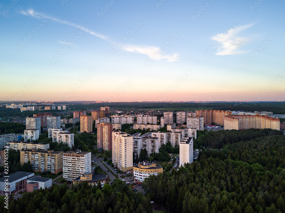 View from the high on Polkovnika Militsii Kurochkina street and Mikroraion V district of Troitsk city in Russia