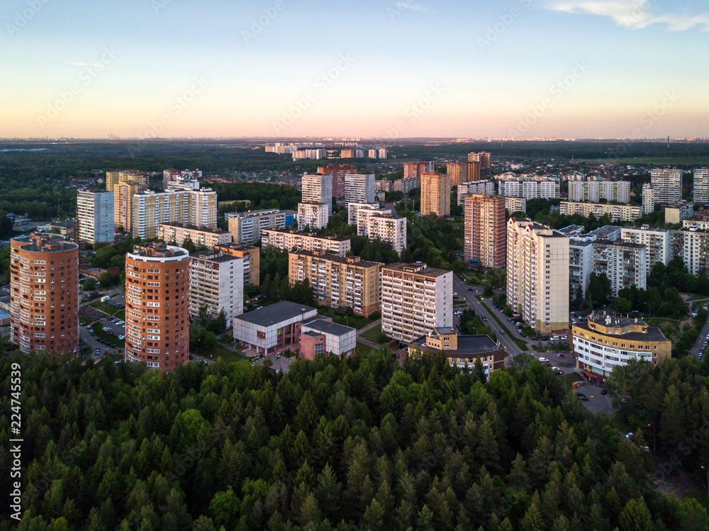 Obraz premium View from the high on Polkovnika Militsii Kurochkina street and Mikroraion V district of Troitsk city in Russia