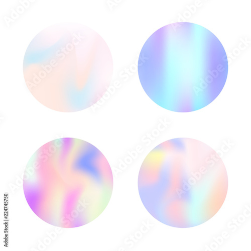 Holographic abstract backgrounds set. Minimal holographic backdrop with gradient mesh. 90s, 80s retro style. Pearlescent graphic template for banner, flyer, cover, mobile interface, web app.
