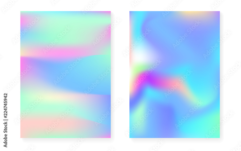 Holographic gradient background set with hologram cover. 90s, 80s retro style. Iridescent graphic template for book, annual, mobile interface, web app. Spectrum minimal holographic gradient.