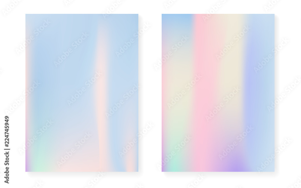 Holographic cover set with hologram gradient background. 90s, 80s retro style. Iridescent graphic template for book, annual, mobile interface, web app. Trendy minimal holographic cover.