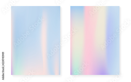 Holographic cover set with hologram gradient background. 90s, 80s retro style. Iridescent graphic template for book, annual, mobile interface, web app. Trendy minimal holographic cover.