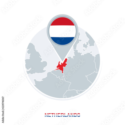 Netherlands map and flag, vector map icon with highlighted Netherlands