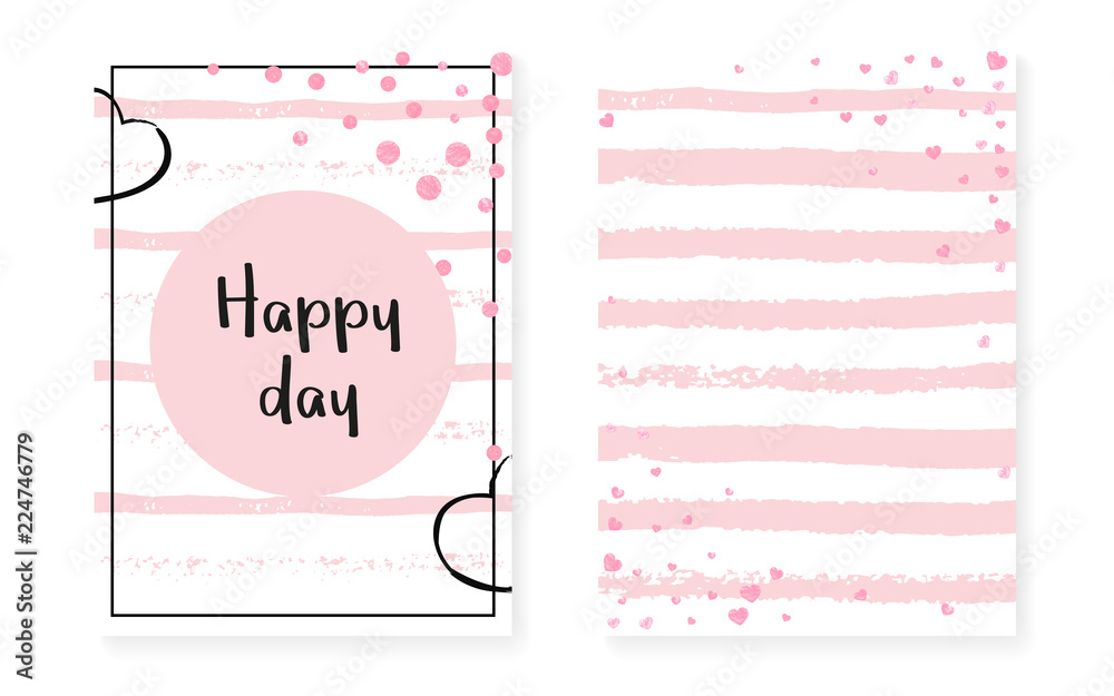 Wedding card invitation with dots and sequins. Bridal shower set with pink glitter confetti. Vertical stripes background. Hipster wedding card for party, event, save the date flyer.