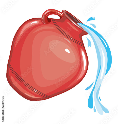 Ceramic, glossy pitcher. Clay jug of water, water is pouring. Dishes for liquid. Ceramics. Isolated, white. Vector