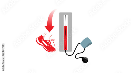 The role of exercise in management of blood pressure - vector image of a blood pressure monitor, sport shoe and downwards arrow