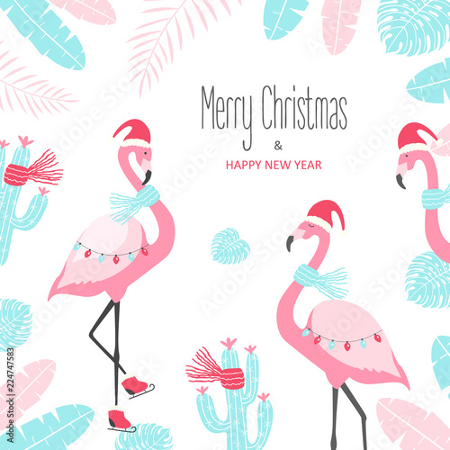 Christmas card with cute flamingo on a white background.