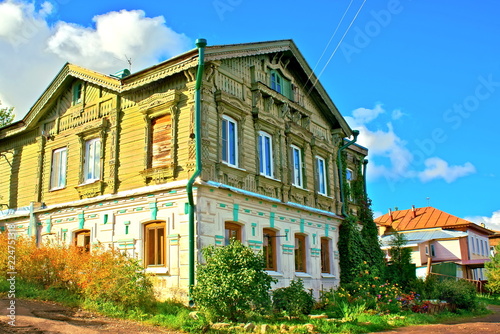 An old traditional brick-wooden house. Kostroma, Russia.