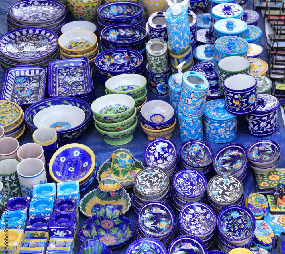 Beautiful Indian Blue Ceramic Items on Display for Sale