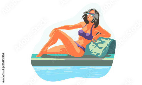 beautiful woman lying on the beach towel near swimming pool top view of pretty girl  summer holiday and summer camp poster traveling template poster badge vector illustration party
