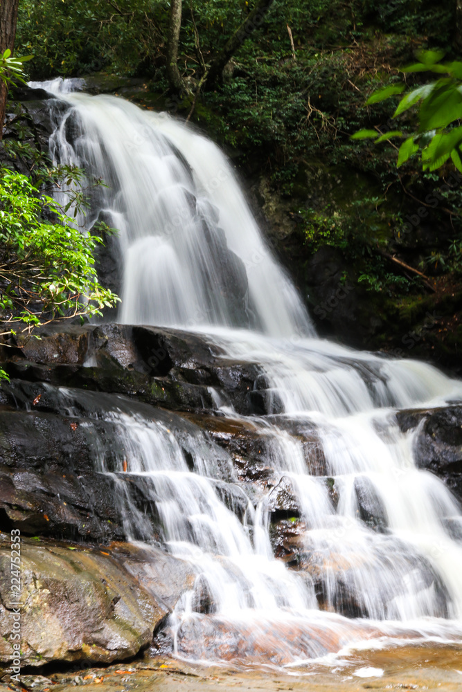 Cascading waterfall in mountains surrounded by forest; scenic outdoor landscape background