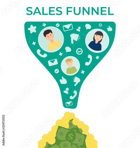 sales funnel vector flat illustration .Business template. Modern background. Money making strategy.