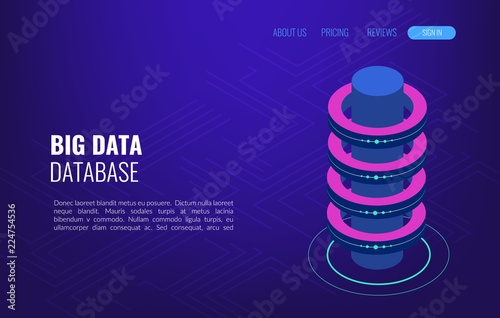 Big data concept access storage distribution information management. Isometric vector server room