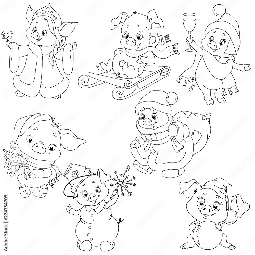 A set of cute characters for the new year. Christmas characters. Piggy cartoon for coloring the book. Vector elements for design.