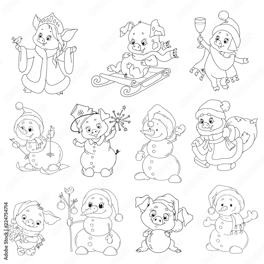 A set of cute characters for the new year. Christmas characters. Cartoon piglets and snowmen for coloring books. Vector elements for design.