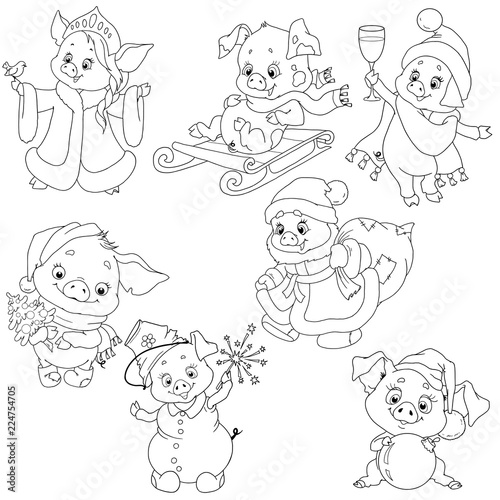 A set of cute characters for the new year. Christmas characters. Piggy cartoon for coloring the book. Vector elements for design.