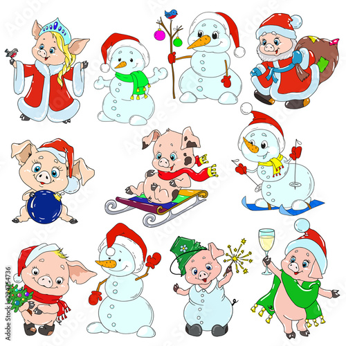 A set of cute characters for the new year. Christmas characters. Piglets and snowmen for greeting cards. Vector elements for design.