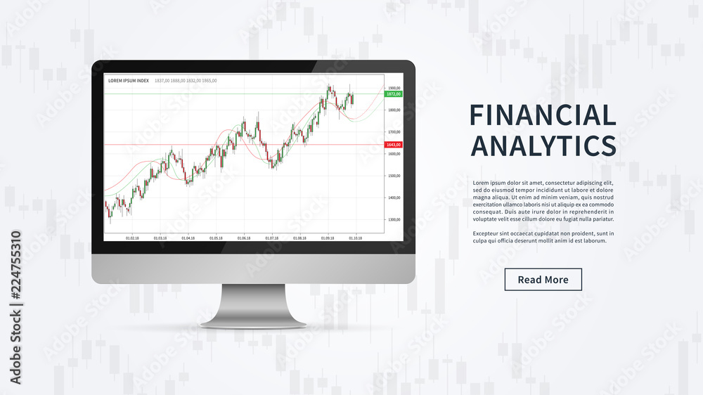 Financial analytics chart vector banner. Financial statistic data for stock trade on desktop computer graphic design. Stock market index (financial analytics) concept.
