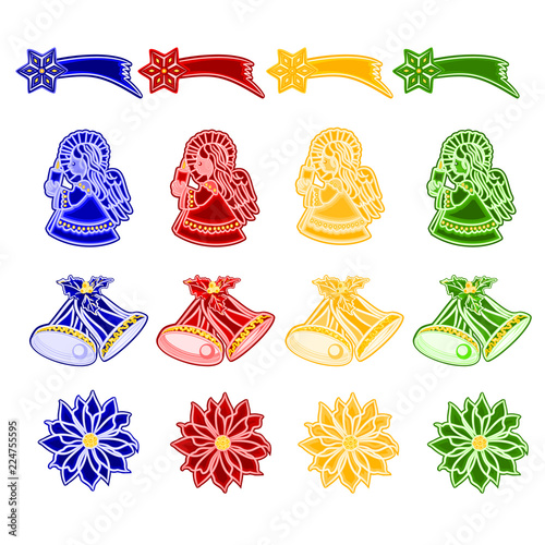 Christmas and New Year decoration with Christmas ornaments as faience bells angel comet poinsettia set one vintage vector illustration editable hand draw