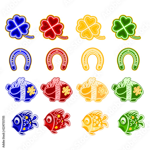 Christmas and New Year decoration with Christmas ornaments as faience fish Cloverleaf horseshoe piggy set two vintage vector illustration editable hand draw