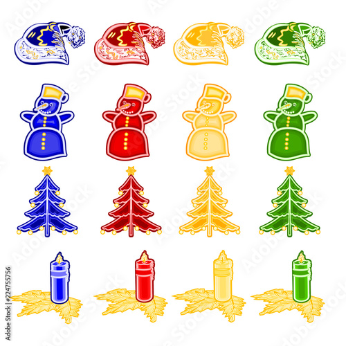 Christmas and New Year decoration with Christmas ornaments as faience christmas tree candleholder santo hat snowman vintage  set three vector illustration editable hand draw