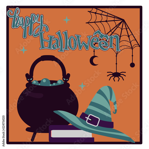 Vector Halloween poster. Happy Halloween card with witch's hat, spellbook, pot and web