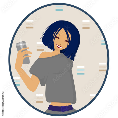 A happy young woman is taking selfie. Girl with short hair makes a photo of herself on a smartphone. flat style image