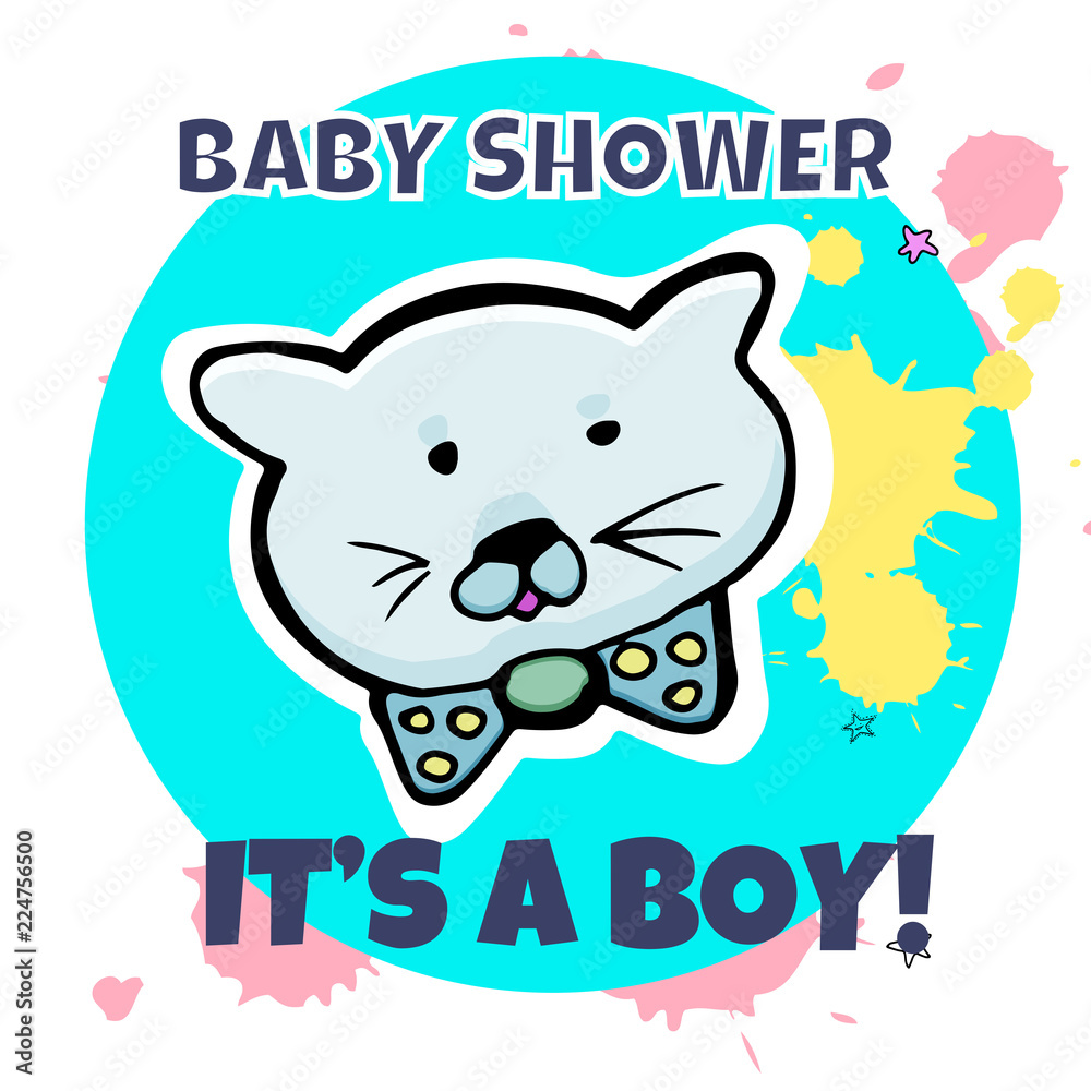 Vector baby shower greeting card. Inscription It's a boy. Little cute kitten. Abstract background. Vector baby shower greeting card. Inscription It's a boy. Little cute kitten. Abstract background.