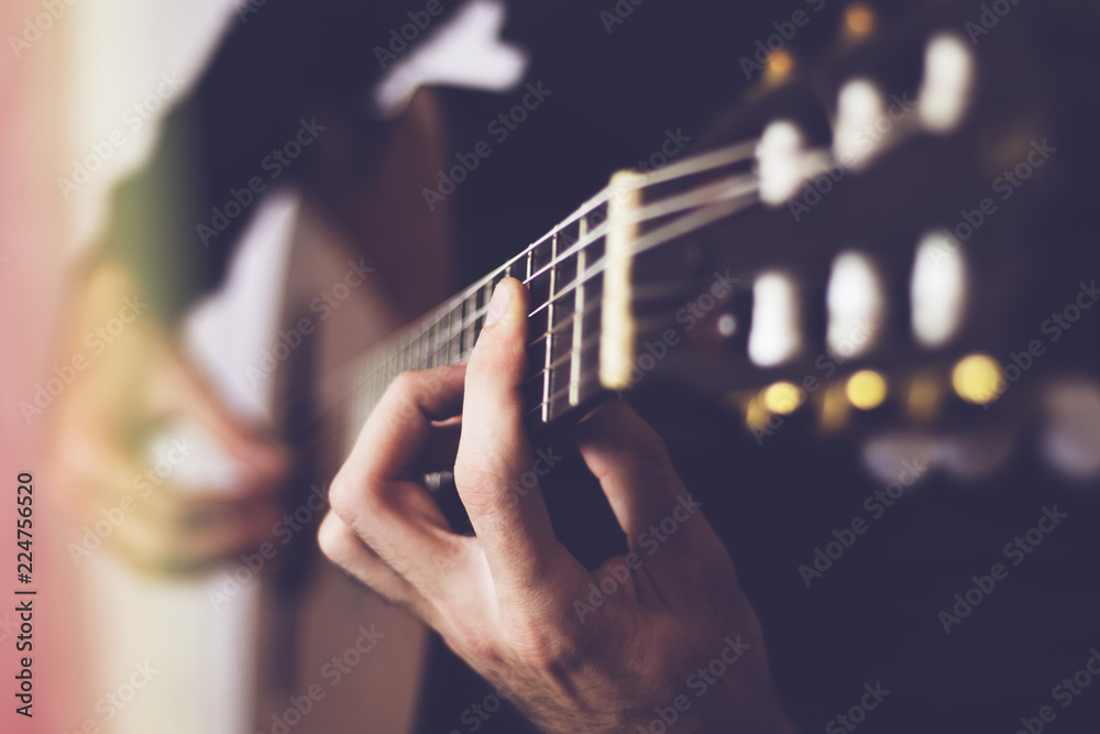 Classical guitar playing, close-up