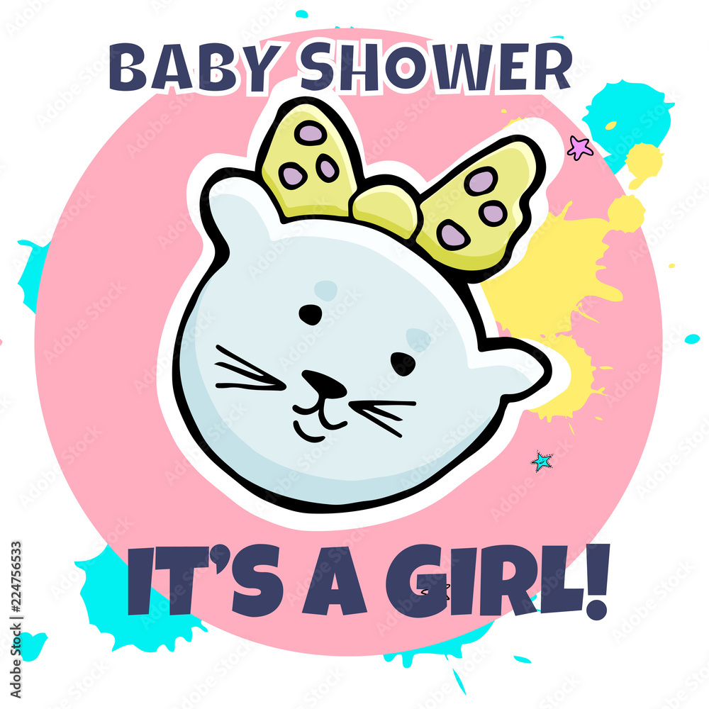 Vector baby shower greeting card. Inscription It's a girl. Little cute kitten, abstract blob splash background. Vector baby shower greeting card. Inscription It's a girl. Little cute kitten, abstract blob splash background.