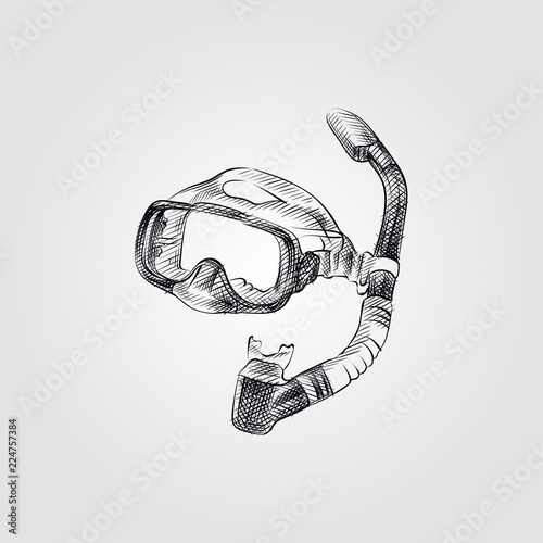 Hand Drawn glasses for diving Sketch Symbol isolated on white background. Vector beach elements art highly detailed In Sketch Style. Summer items vector illustration.