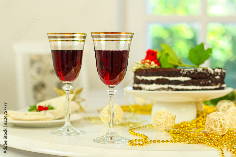 glass of red wine and a cake. Top view. food background copy space glass of red wine and a cake. Top view. food background copy space