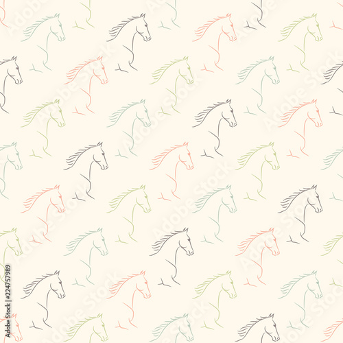 Seamless pattern with horses  pale pastel colors  beige background. Realistic vector illustration.