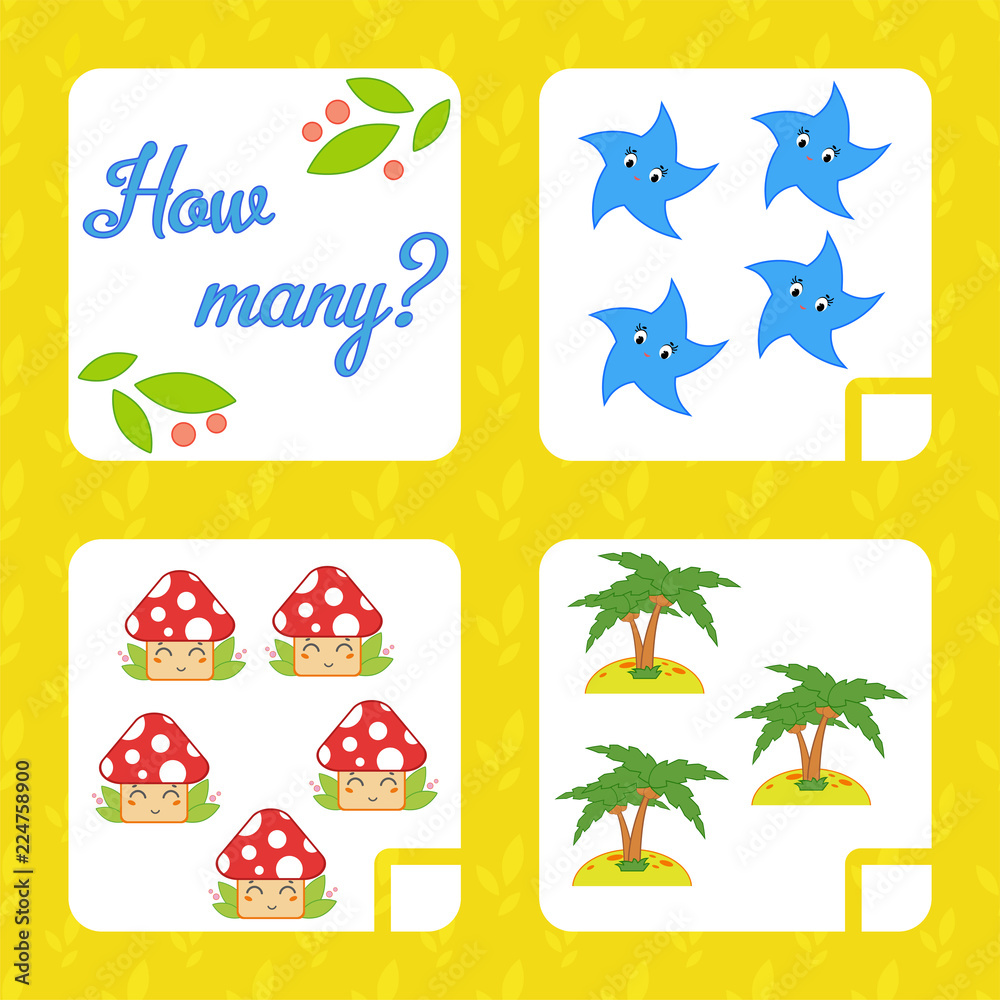 Naklejka premium Counting game for preschool children for the development of mathematical abilities. Count the number of objects in the picture. With a place for answers. Simple flat isolated vector illustration.