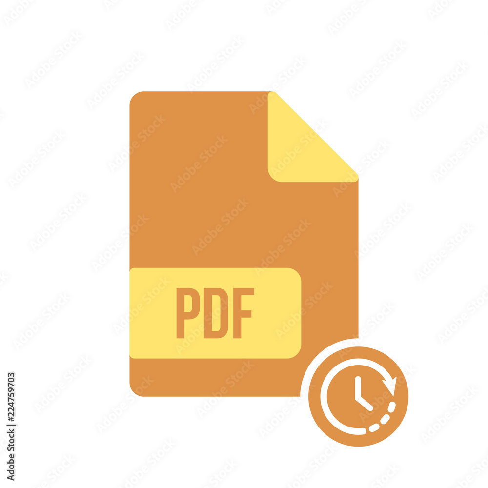 PDF document icon, pdf extension, file format icon with time sign. PDF document icon and countdown, deadline, schedule, planning symbol