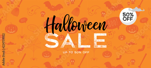 Halloween Sale vector banner with lettering and detailed engraving background. Pumpkin, witch hat, skull, cat hand drawn elements. Great for voucher, offer, coupon, holiday sale.