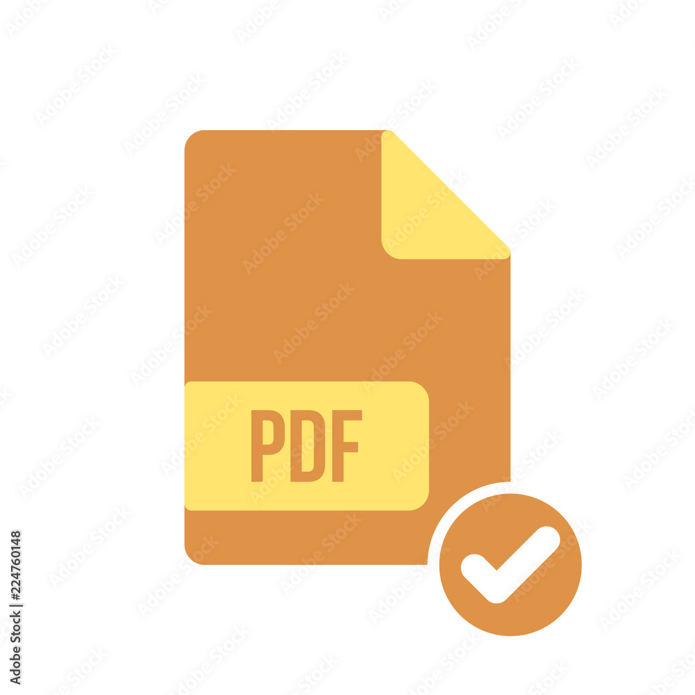 PDF document icon, pdf extension, file format icon with check sign. PDF document icon and