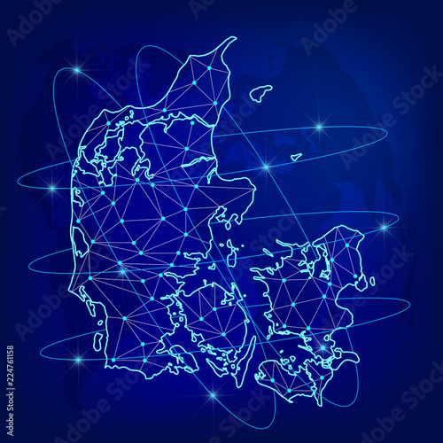 Global logistics network concept. Communications network map Denmark on the world background. Map of  Denmark  with nodes in polygonal style. Vector illustration EPS10. 