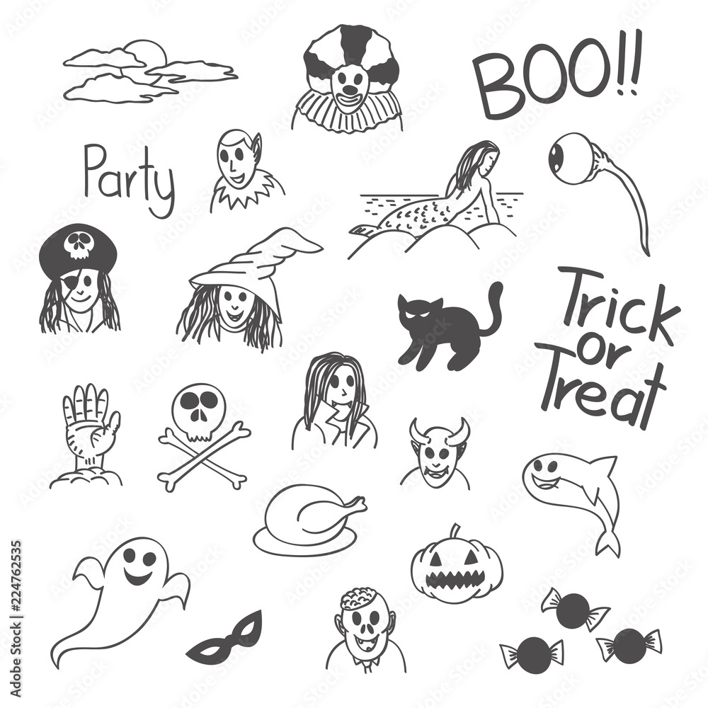 Halloween trick or treat doodle, black and white