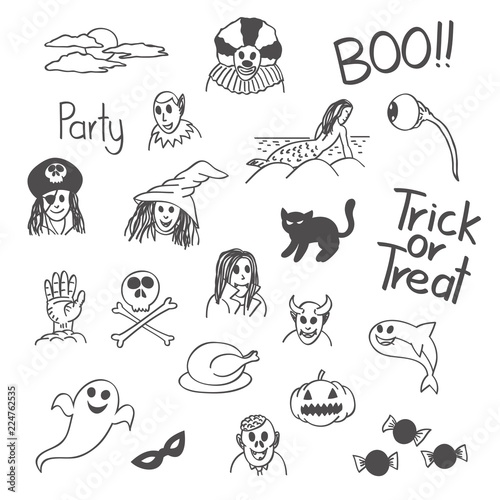 Halloween trick or treat doodle, black and white