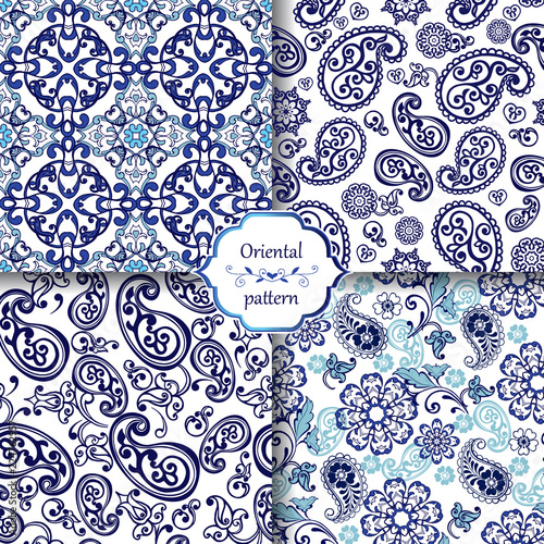 Collection of traditional oriental ornaments with paisley. Indigo traditional paisley pattern. Decorative ornament backdrop for fabric, textile, wrapping paper.
