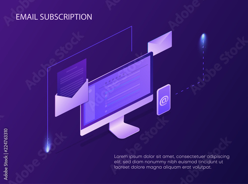Email subscription. Landing page template with mobile devices.