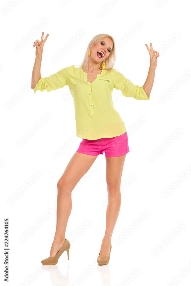 Happy Beautiful Woman Is Showing Peace Hand Sign And Shouting Happy Beautiful Woman Is Showing Peace Hand Sign And Shouting