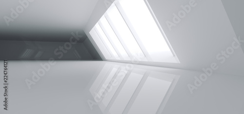 Futuristic Modern Big Bright Empty Hall With Reflections And Big Glowing White Light Windows Aside Wallpaper 3D Rendering