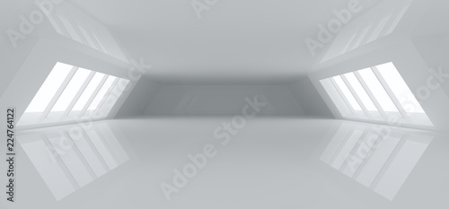 Fototapeta Naklejka Na Ścianę i Meble -  Futuristic Modern Big Bright Empty Hall With Reflections And Big Glowing White Light Windows Aside Wallpaper 3D Rendering