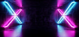 Futuristic Sci-Fi Modern Spaceship Club Party Dark Concrete Room With Cross Shaped Blue And Purple Glowing Neon Tubes 3D Rendering